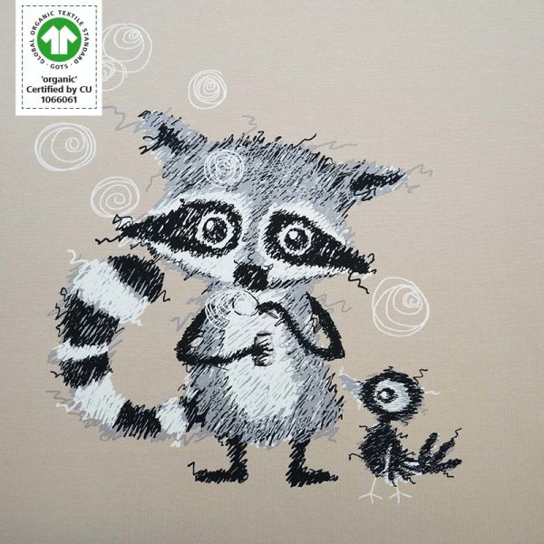 Tissue jersey organique Racoons Panel macadamia (GOTS)
