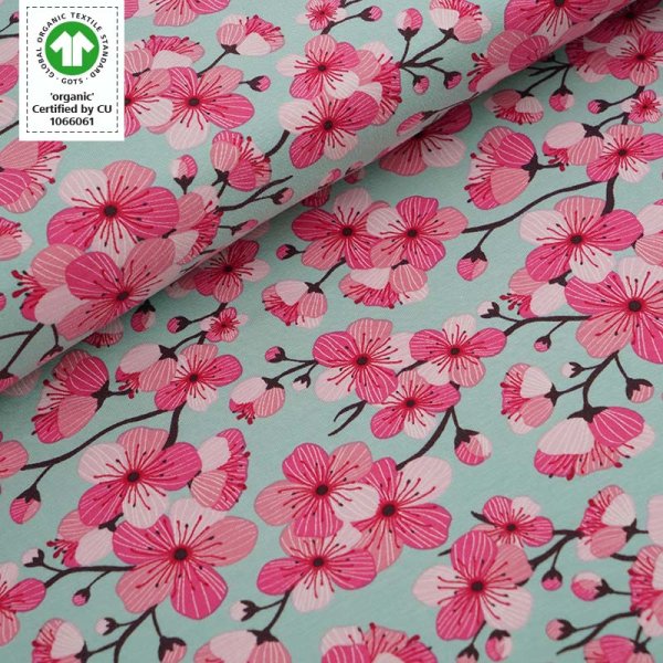 Tissue jersey organique Kirschblüten grün (GOTS)