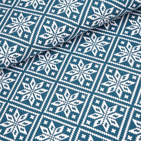 Tissue jacquard organique Snowflake petrol