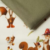Stoffpaket 1m Waldtiere mit 0,5m Jacquard Rippenmuster moos